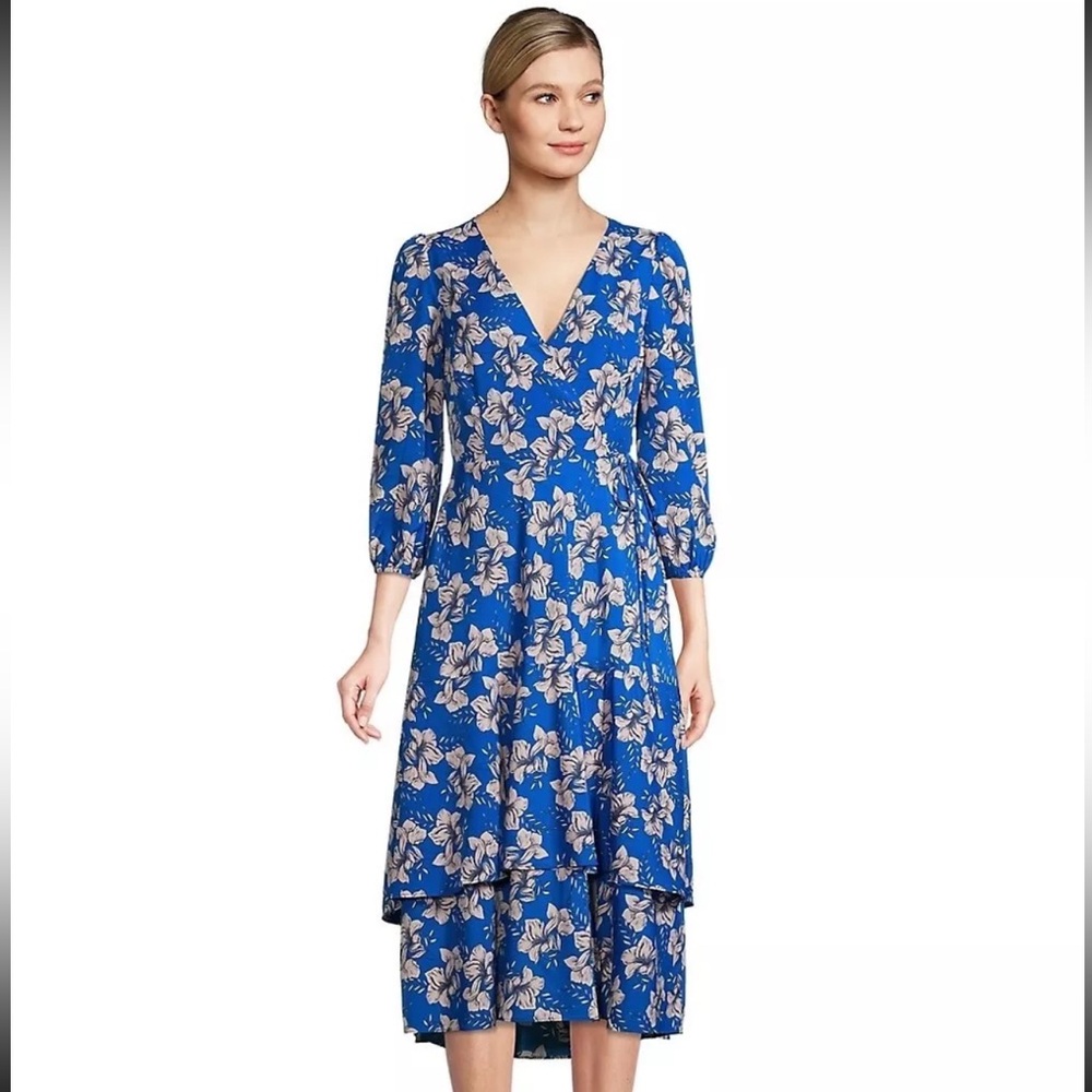 Eliza J Dress Women 18 Blue White Floral Midi Bruch Party V Neck Ruffle Belted